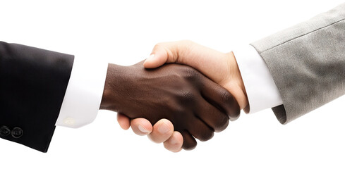 Professional handshake between two men of different ethnicities, isolated on transparent cutout