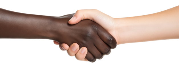 Close-up of an interracial handshake between two people, isolated on transparent cutout background
