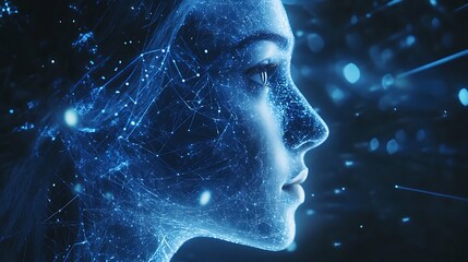 Glowing digital network details across face of futuristic woman