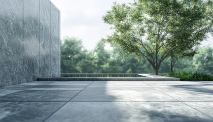 Minimalist patio with a gray tiled floor and a tree in the background.