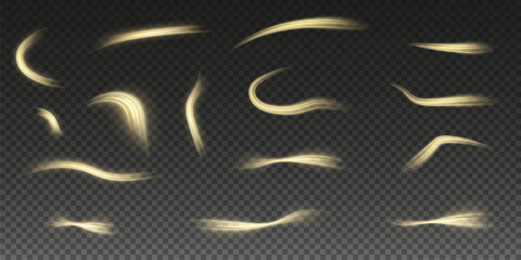 Vector png background with gold glowing lines. Gold glowing lines of speed. Light glow effect. Light trail wave, fire trail line and glow curve swirl.