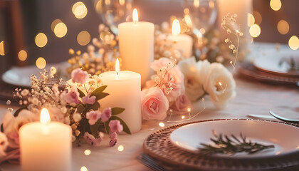 Romantic table setting with candles and flowers