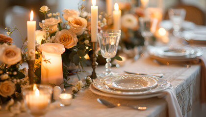 Fototapeta premium Romantic table setting with candles and flowers