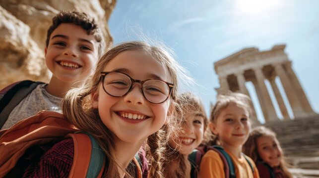 A joyful group of children smiles in front of a historic Greek temple, capturing a moment of exploration and adventure in a sunny location.