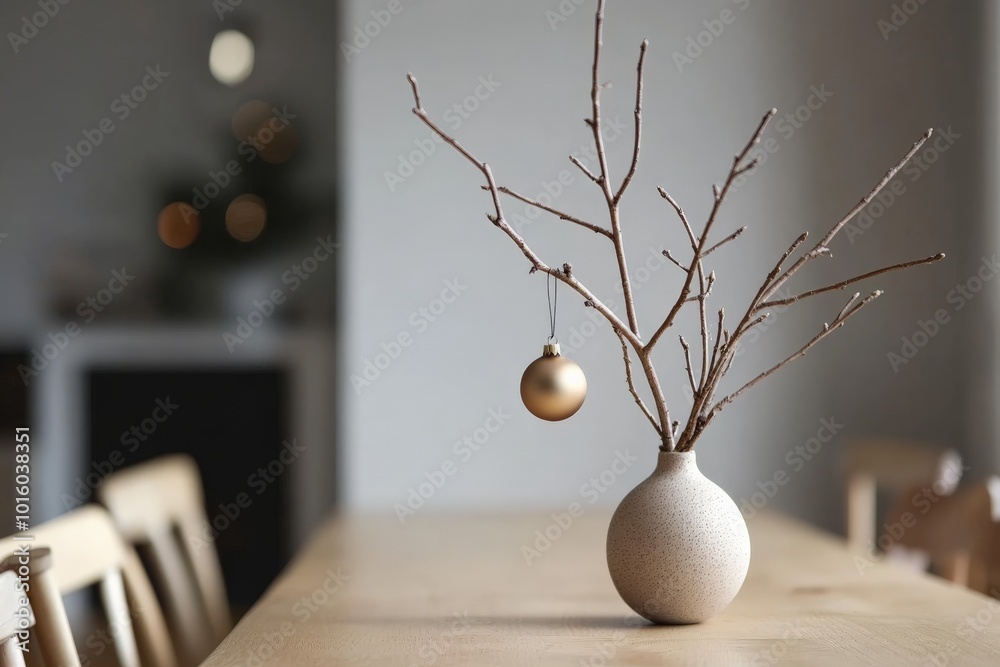 Poster an elegant centerpiece of a bare branch featuring a golden ornament, set in a softly lit dining room