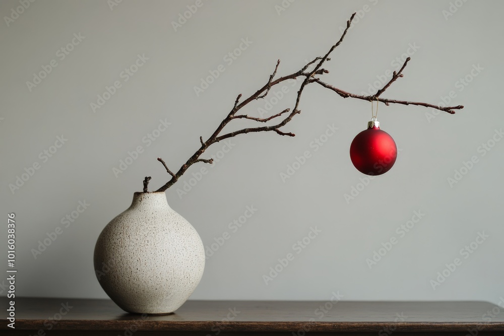 Aufkleber a striking minimalist scene featuring a red bauble suspended from a single bare twig housed in a rou