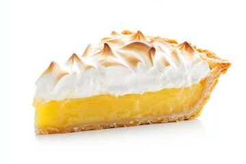 A classic slice of lemon meringue pie featuring a delightful blend of tart lemon curd and sweet meringue with perfectly toasted peaks, offering a taste sensation.