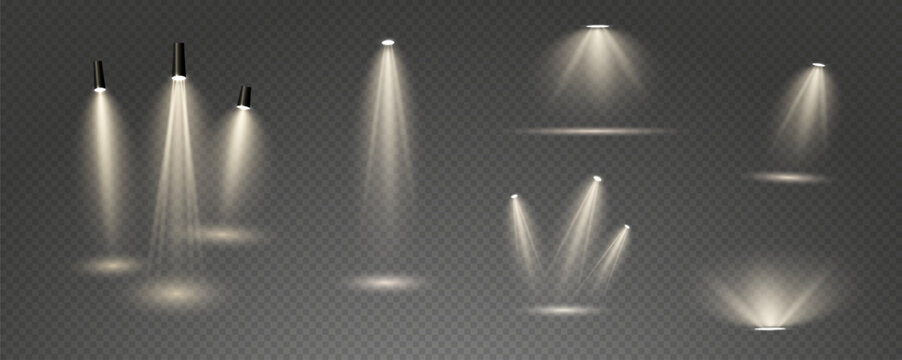 The vector set of light includes a light source, studio lighting, walls, and a PNG. It also includes spotlight lighting and a spotlight PNG. Finally, it includes light beams and a light effect.