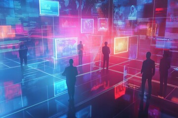 Illustration of business professionals in different locations communicating through holographic screens, representing virtual meetings and global connections in the digital age