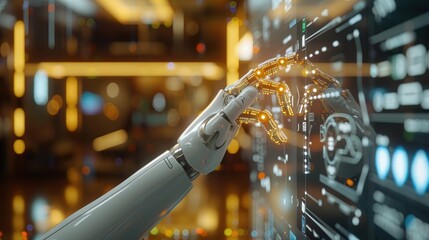 Robotic hand interacting with futuristic digital interface