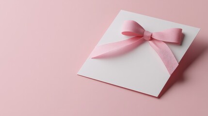 Elegant white gift card adorned with a delicate pink ribbon bow, set against a soft pink pastel background, creating a minimalistic and stylish presentation.