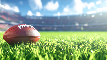 A beautifully detailed rugby ball lies on lush green grass, showcasing its realistic texture while the vibrant stadium fades into the background, hinting at an exhilarating game