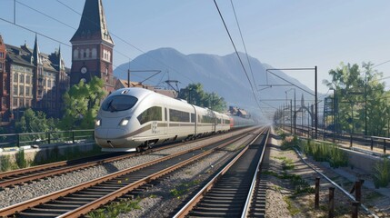 Fototapeta premium Modern High-Speed Train Approaching Cityscape with Mountain View