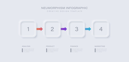 Neumorphism design infographic, 4 step timeline illustration. Minimal clean design