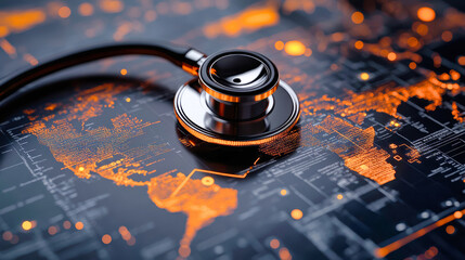 A stethoscope rests on a digital world map, symbolizing the interconnectedness of global healthcare and the urgent need for action on a sick planet