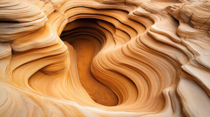 A stunning view of a sandstone formation displaying intricate, swirling layers and vibrant earthy hues, resembling a natural abstract sculpture in a desert landscape.