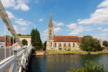 Suspension Bridge and All Saints church, Marlow, Buckinghamshire, England, UK