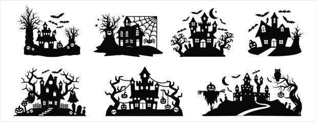 Obraz premium Halloween haunted house scene silhouette. Spooky, scary, ghosted house scenes with tree and bats. Vector illustration design template for stencil, wall decor, door decoration, sticker.