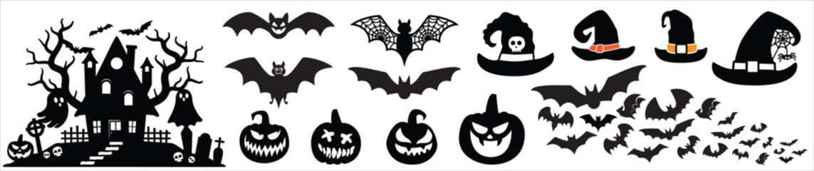 Halloween haunted house scene silhouette. Spooky, scary, ghosted house with tree, witch hat, pumpkin and bats. Vector illustration design template for stencil, wall decor, door decoration, sticker.