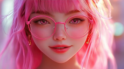 Obraz premium Stylish character with pink hair and glasses in vibrant setting