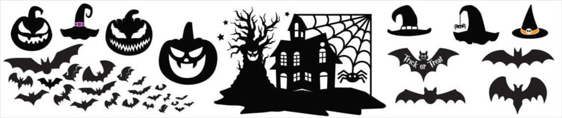 Halloween haunted house scene silhouette. Spooky, scary, ghosted house with tree, witch hat, pumpkin and bats. Vector illustration design template for stencil, wall decor, door decoration, sticker.
