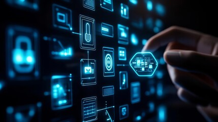 Blockchain AI system, floating holograms, sleek futuristic digital assistant