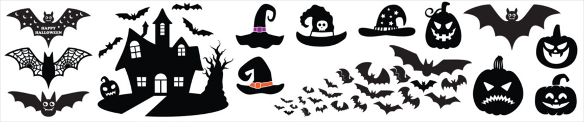 Halloween haunted house scene silhouette. Spooky, scary, ghosted house with tree, witch hat, pumpkin and bats. Vector illustration design template for stencil, wall decor, door decoration, sticker.