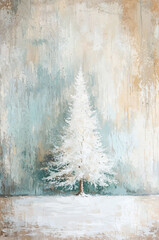 Painting of snowy vintage christmas tree in soft muted tones