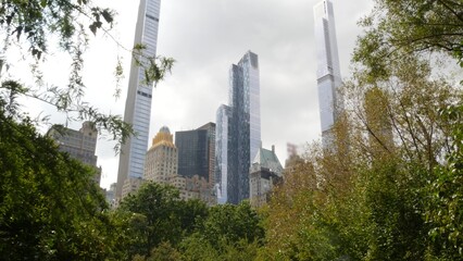 New York City Manhattan Midtown. Central park on 5th Fifth 5 avenue, USA. American landmark, urban public park in NYC, United States. Skyscraper buildings architecture, 59 street skyline. Green trees.