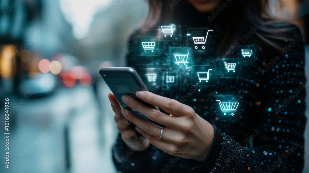 Wall mural a person interacts with a smartphone displaying digital shopping cart icons, emphasizing online shop