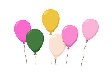 Balloons flying up with strings. Festive baloons floating in air. Holiday plastic helium decoration for party celebration. Multicolored ballons. Flat vector illustration isolated on white background