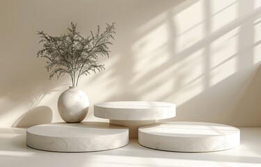 Minimalist 3D Beige Cylindrical Podiums for Product Presentation on Light Cream Background