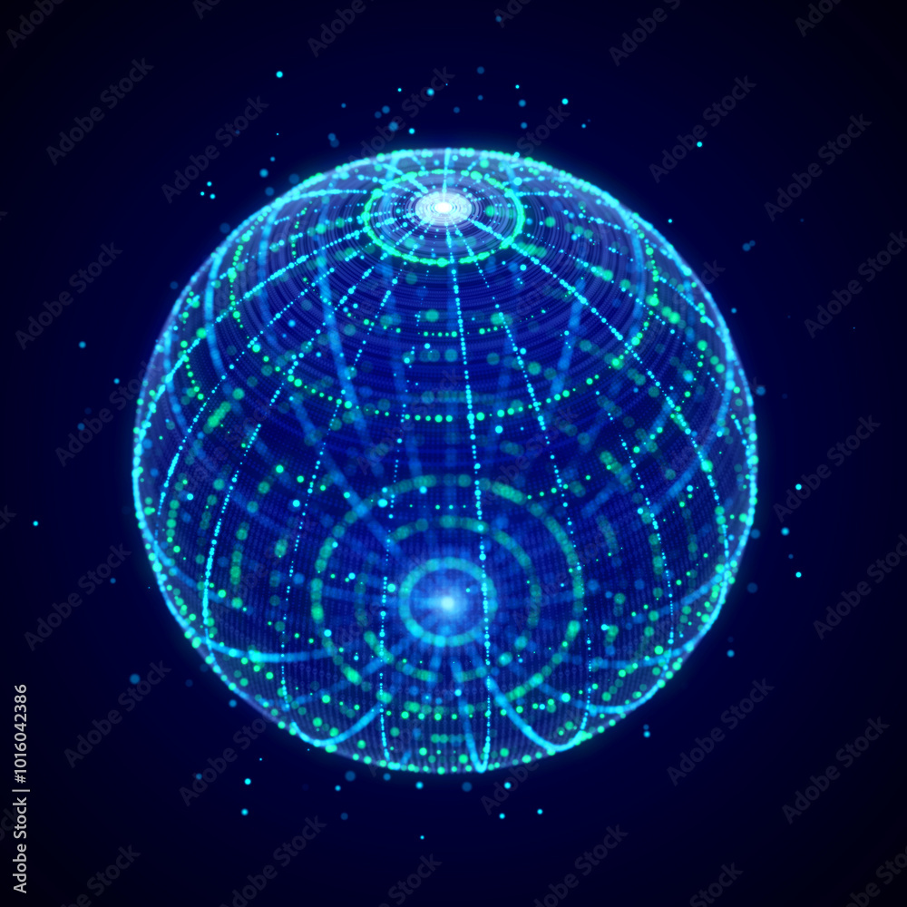 Poster futuristic sphere made of particles for connect network. flow of particle in cyberspace. space energ