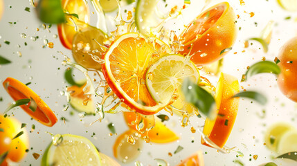 Juicy citrus explosion. Close-up of a fruit salad with oranges and lemons. Slices of orange, lemon and lime in drops of juice. Food background. A natural product
