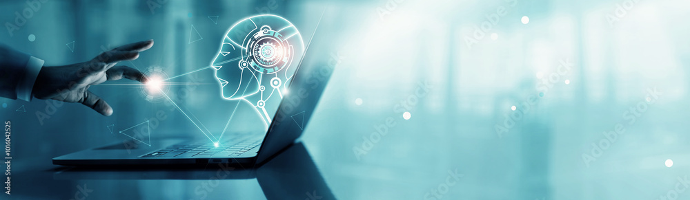 Aufkleber businessman interact with AI artificial intelligence on laptop, Machine learning, Chatbot, Data exchange, big data, creative AI, business support. Science, Technology and innovation of futuristic.