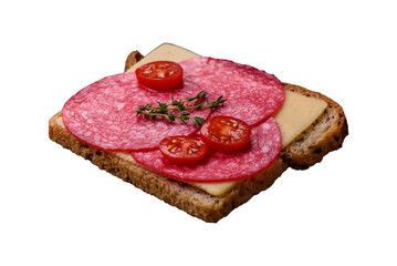 Sandwich with toast, salami slices, cheese and tomatoes, salt and spices