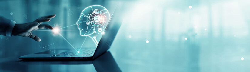 businessman interact with AI artificial intelligence on laptop, Machine learning, Chatbot, Data exchange, big data, creative AI, business support. Science, Technology and innovation of futuristic.