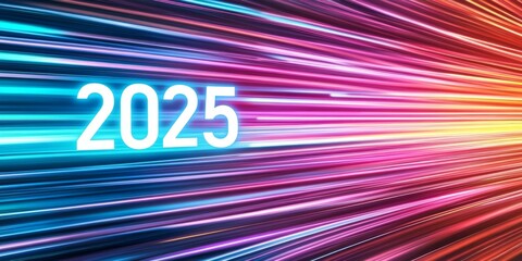 Vibrant and dynamic design representing the New year 2025 with colorful light streaks and accelerated motion in a digital concept