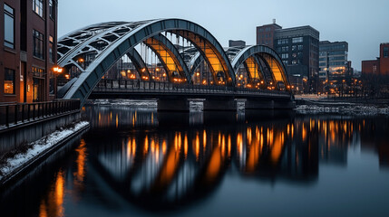 Fototapeta premium A steel arch bridge lit with orange lights at dusk, reflected in calm water, with surrounding urban buildings visible in the background.
