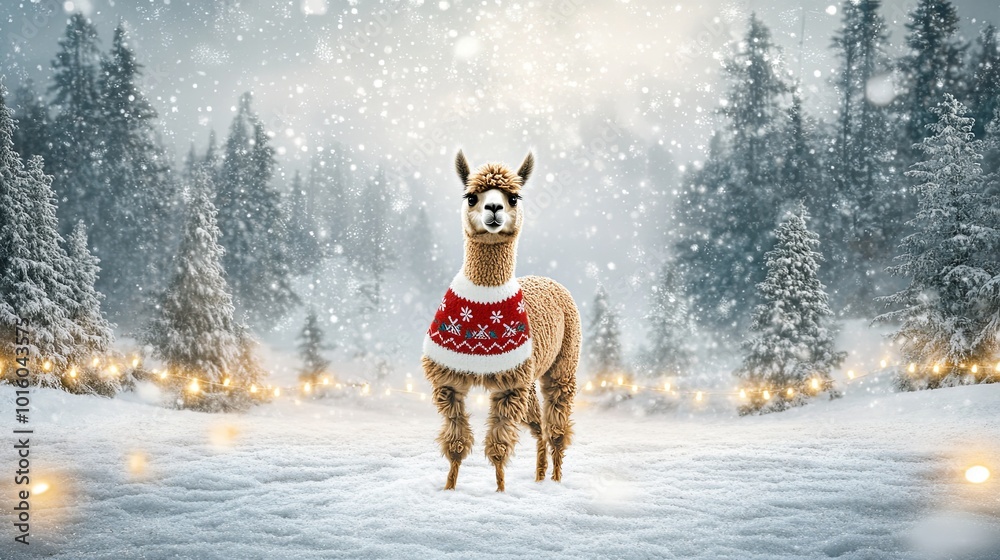 Sticker Alpaca in a Santa Sweater