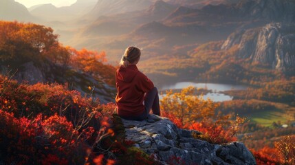 A woman sits on a rock in a scenic mountain landscape during autumn. The vibrant colors create a peaceful atmosphere for reflection.