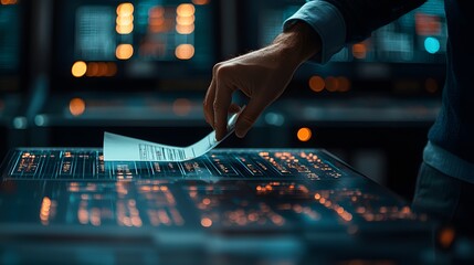 A hand places a ballot onto a scanning surface illuminated by soft, glowing lights in a high-tech setting. Get Out The Vote Concept