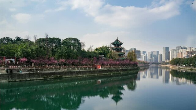Time lapse photography of Wangjiang Tower in Wangjiang Park, Jinjiang District, Chengdu, Sichuan Province