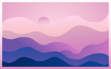 beautiful mountain illustration landscape vector with moon or sunset dawn scene