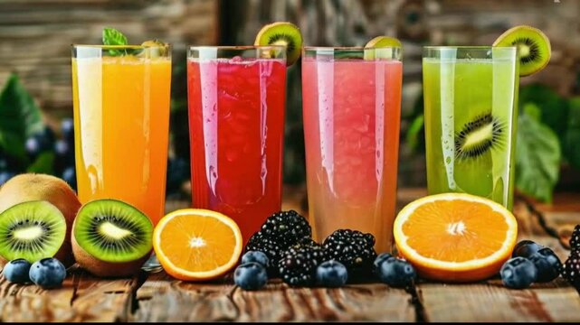 A row of four glasses of fresh fruit juice, made with kiwi, grapefruit, orange and berries, all on a wooden surface with a rustic background
High quality HD 4K Video Clip
