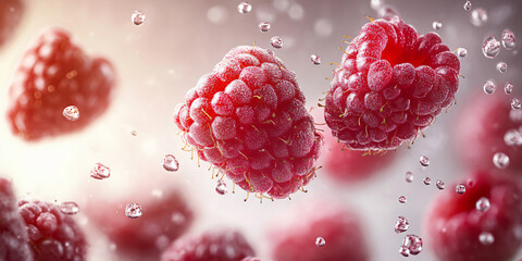 Close-up image of fresh raspberries splashing in water,