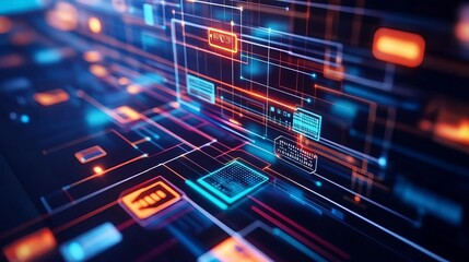 Obraz premium Blockchain financial analytics, virtual holograms, futuristic corporate environment