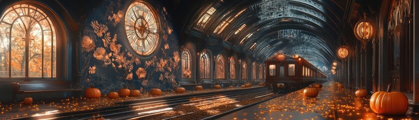 A mystical autumn train station adorned with pumpkins and floral decor, radiating warm light in a tranquil setting.
