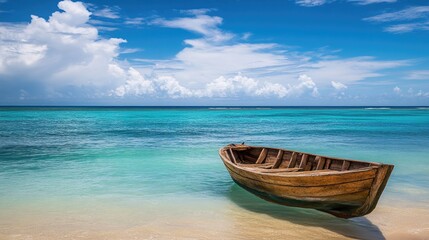 Obraz premium Tranquil wooden boat resting on a serene turquoise beach
