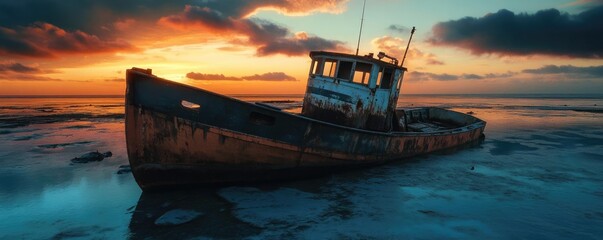 Naklejka premium A serene sunset view of an abandoned boat resting on the shore, reflecting vibrant hues and showcasing nature's beauty.